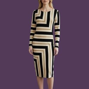 CATO Space Age Geometric Atomic Mod Long Sleeve Bodycon Longline Dress